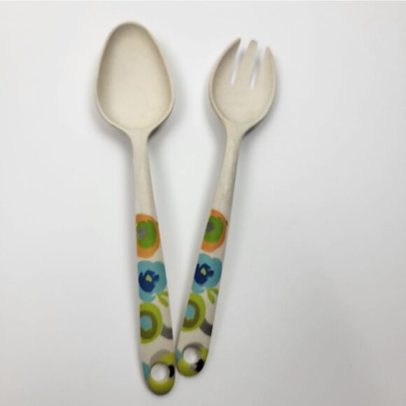Bamboo Fiber Salad "Fork and Spoon" Serving Set with Floral Design - Picture 3 of 4